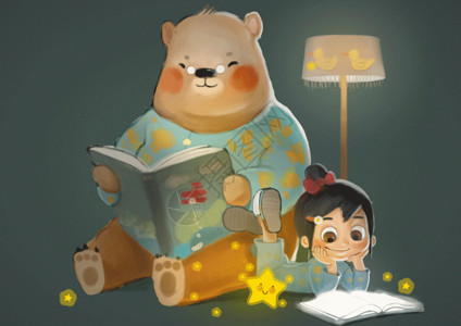读书玩具熊熊爸爸和小女孩在看书gif高清图片
