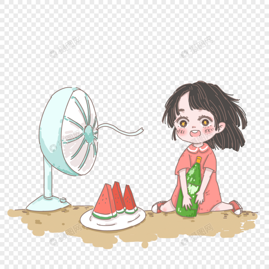 夏天吹风扇吃西瓜的小女孩图片