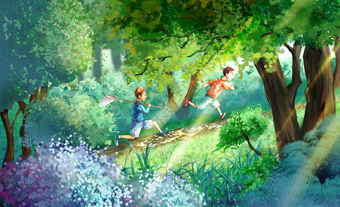 树荫夏天树林间奔跑的玩耍的儿童插画