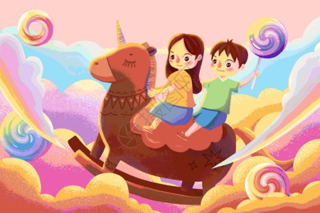 手绘糖果骑在木马上面的孩子gif高清图片
