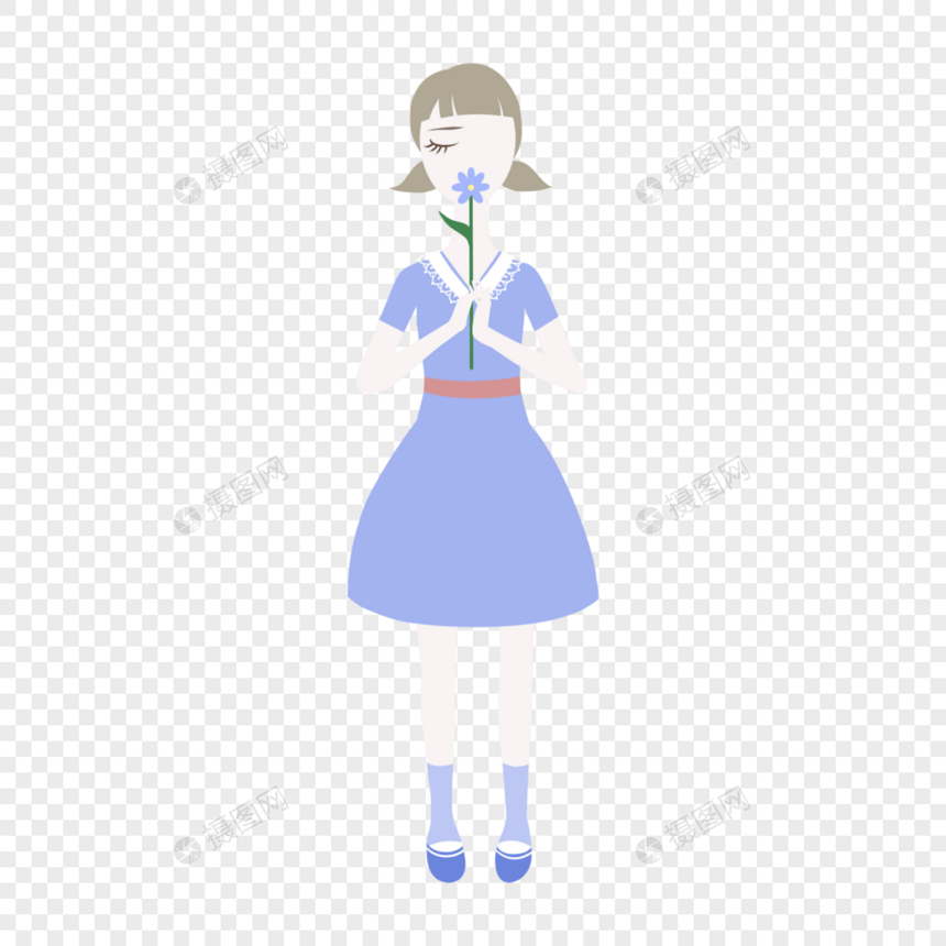 手拿矢车菊的蓝衣女孩白色蕾丝边图片