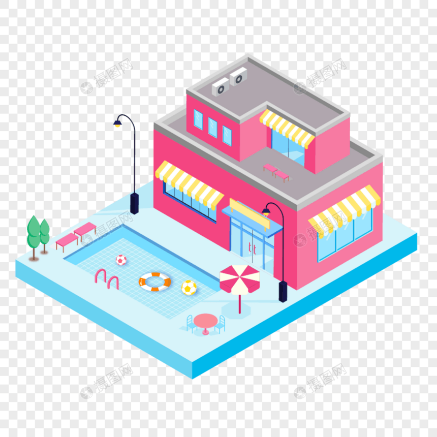 2.5D小清新红色房子建筑泳池插画图片