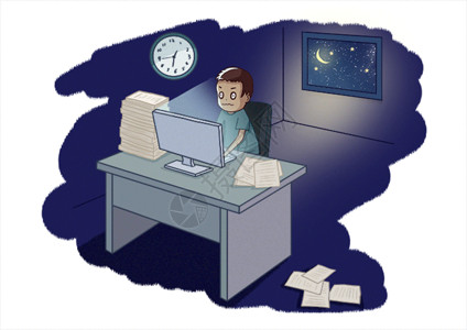 电脑桌主图夜晚加班的人插画gif动图高清图片