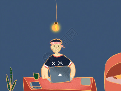 链接电脑的灯泡书桌前中有了灵感的男子插画gif动图高清图片