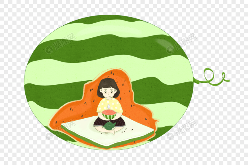 坐在西瓜中吃瓜的女孩图片