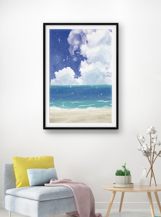 沙滩小清新手绘手绘沙滩大海浪花蓝天白云风景油画装饰画模板