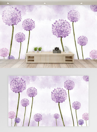 紫色植物花环简约蒲公英手绘背景墙模板