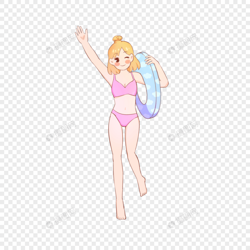 夏天可爱小女孩游泳圈插画图片