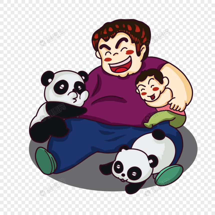 卡通男人抱着儿子和熊猫图片