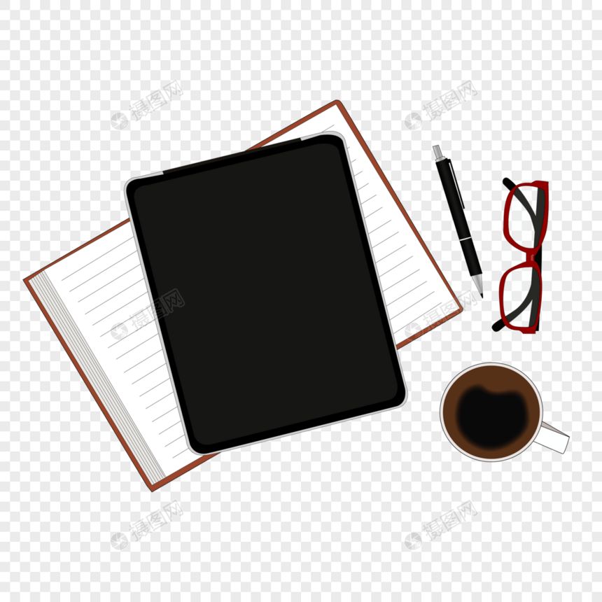 卡通手绘办公用品IPAD笔记本眼镜笔咖啡图片