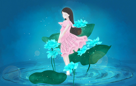 站在水中女孩女孩站在荷花池中插画
