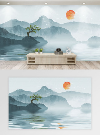 水彩墙中国风山水背景墙模板