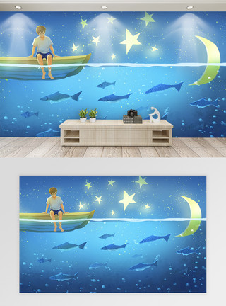手绘小船蓝色儿童房电视背景墙模板