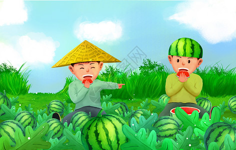 坐在吃瓜孩子坐在瓜田里吃瓜的人插画