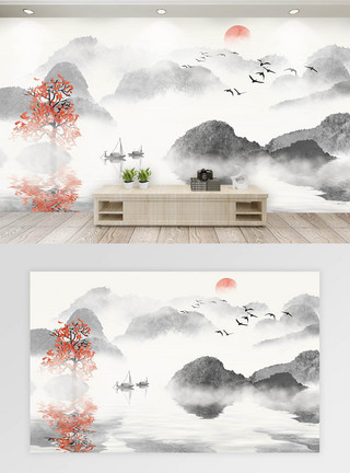 中国风水彩水墨山水国画挂画中国风山水背景墙模板