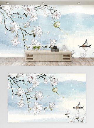 中国风水彩背景古风水彩玉兰花背景墙模板