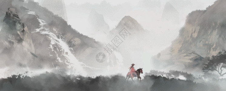 复古时装中国风山水画GIF高清图片