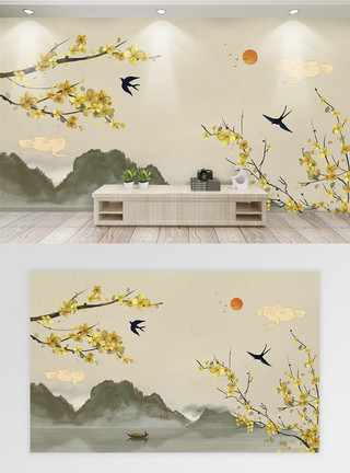 古风水中国风山水背景墙模板