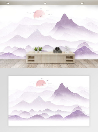 粉色水墨素材中国风水墨山水背景墙模板