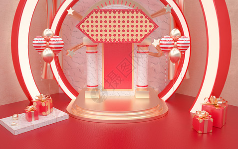 胡桃夹子玩具C4D红色立体电商促销舞台设计图片