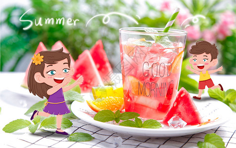 夏天开心冰饮吃西瓜高清图片