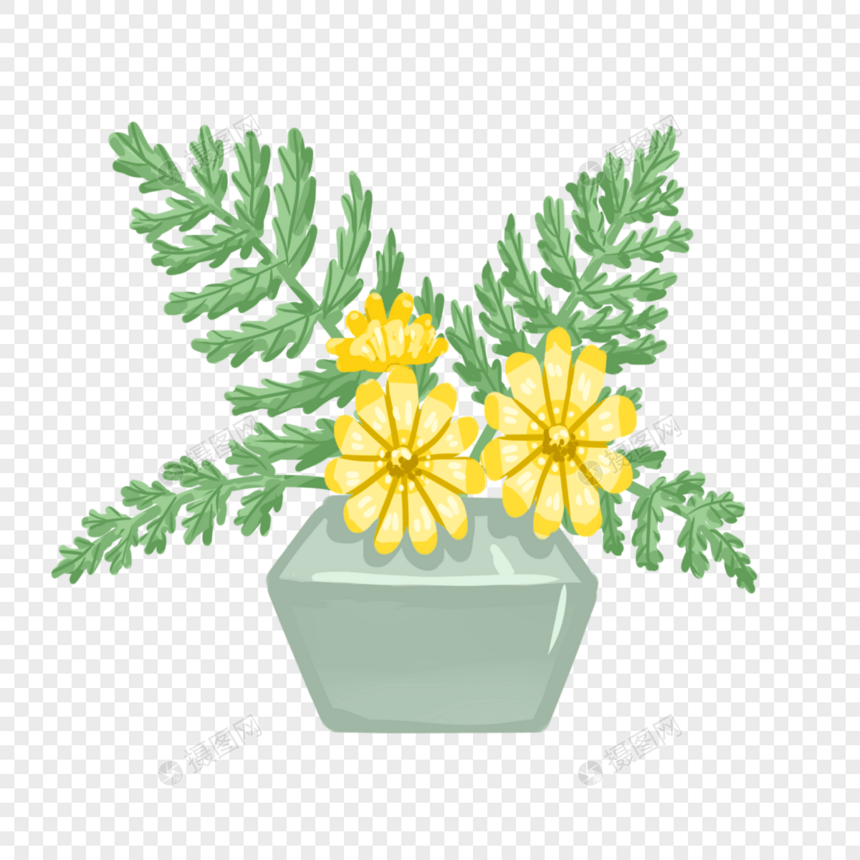 手绘黄色菊花盆栽元素图片
