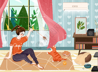 小清新之暑假居家逗猫插画背景图片