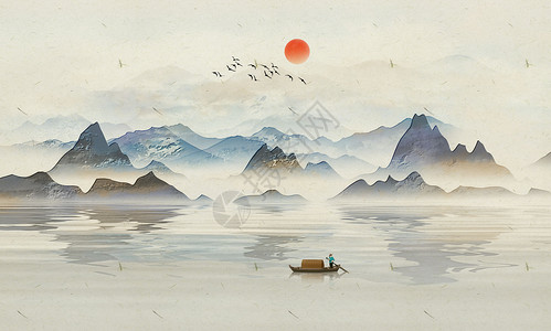 古风水彩素材中国风山水画插画