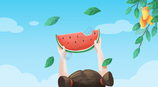 吃芒果小女孩西瓜是夏天的笑脸插画