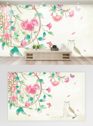 猫壁纸插画花卉卡通背景墙模板