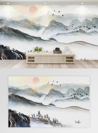 水彩墙中国风水墨山水背景墙模板