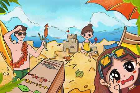 一家人烧烤夏天海边度假的一家人插画
