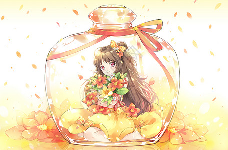 在花瓣中的女孩瓶中世界-爱花少女的幸福插画
