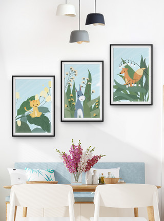 浅色花瓶和植物动物装饰画模板