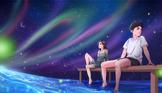 情侣水夏季夜晚的星空插画