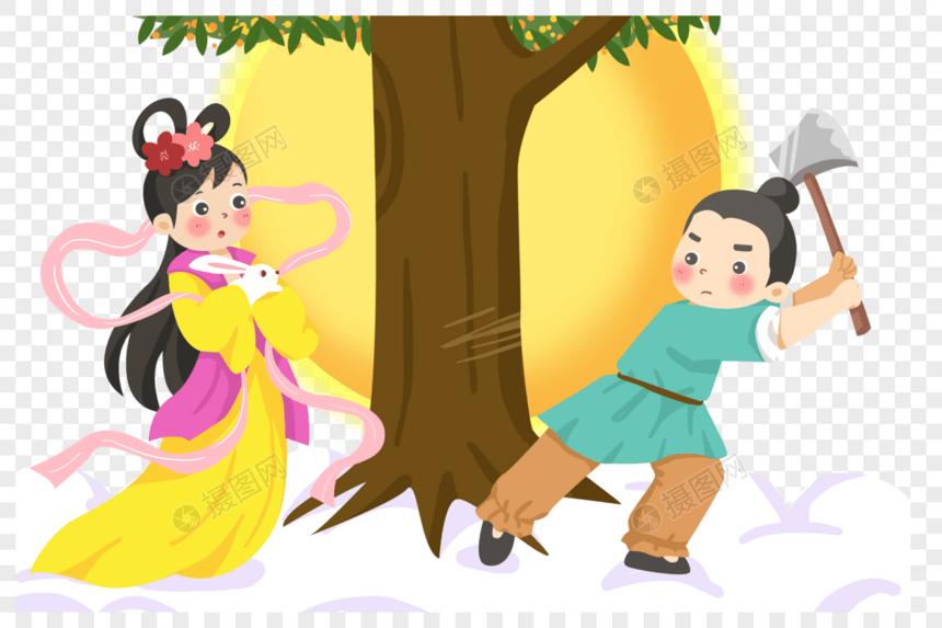 手绘中秋节婵娥和吴刚伐桂卡通图片