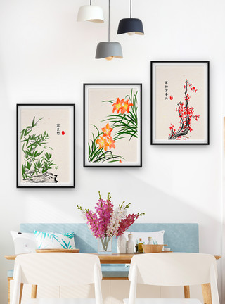 兰花盆新中式中国风水墨装饰画三联框模板
