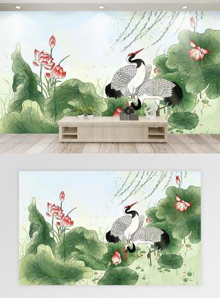 中国风水墨仙鹤背景墙中国风荷花仙鹤背景墙模板