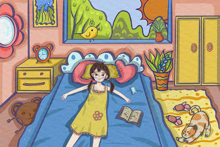 女床躺在床上的女孩插画