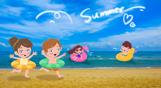海滩沙雕夏天海边开心游泳的孩子们插画