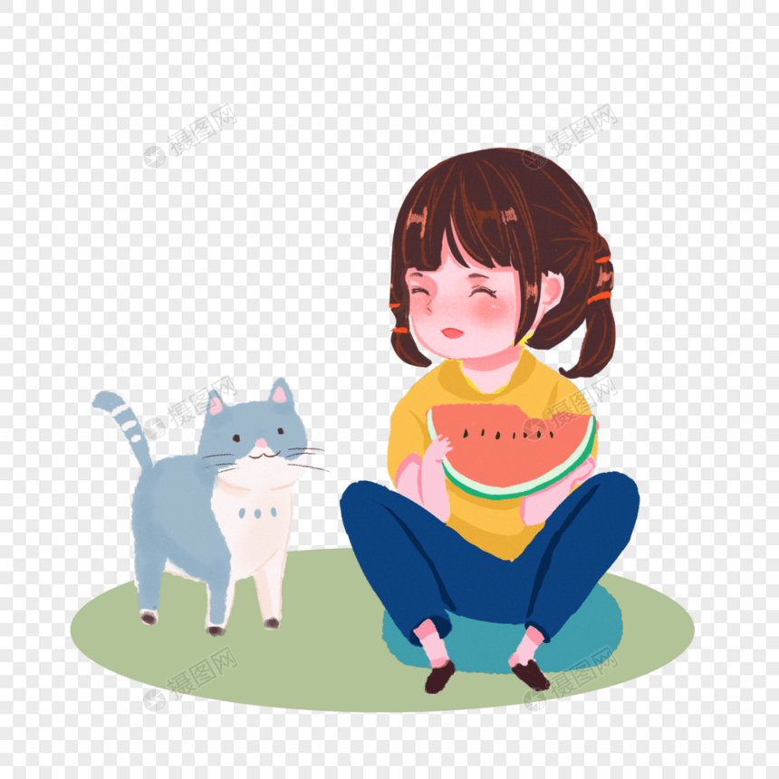 小女孩和猫在吃西瓜图片