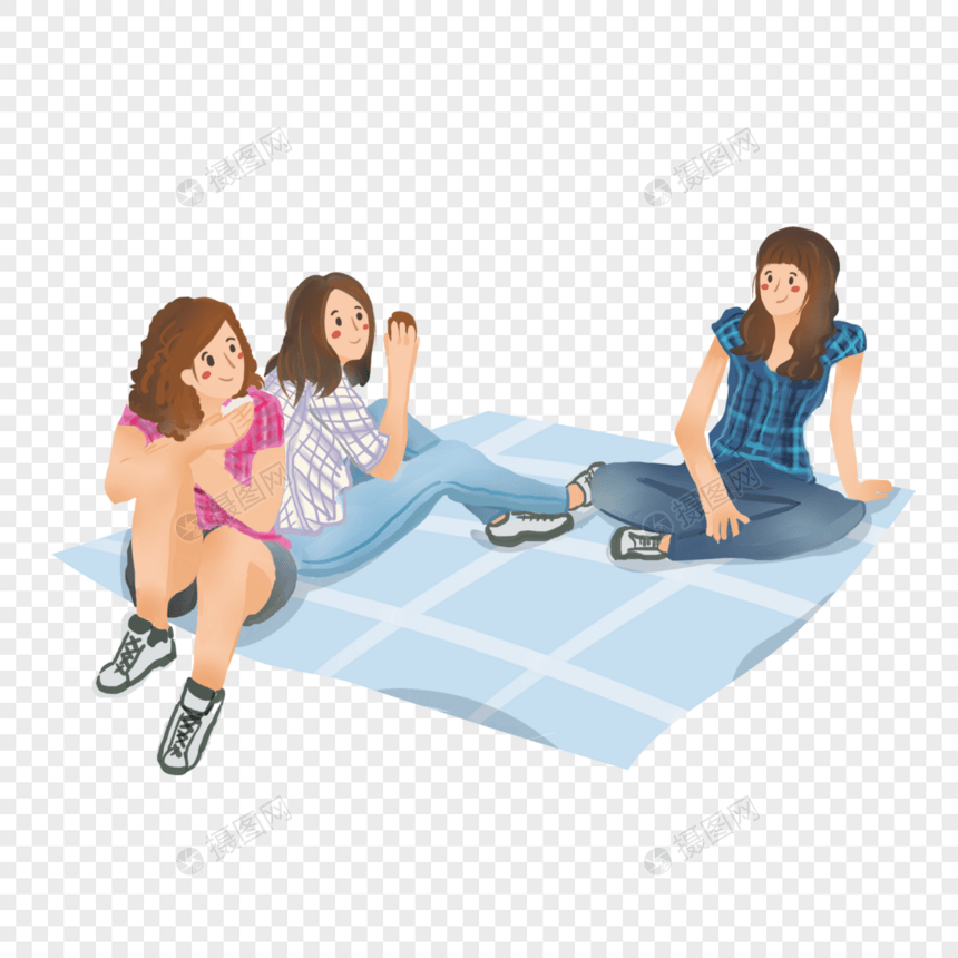 手绘夏天夏令营三个女孩野餐图片