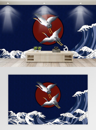 中式电视柜中国风白鹤背景墙模板