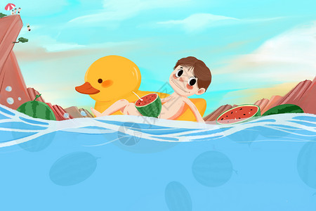 小男孩和西瓜炎热夏日在水中欢乐插画