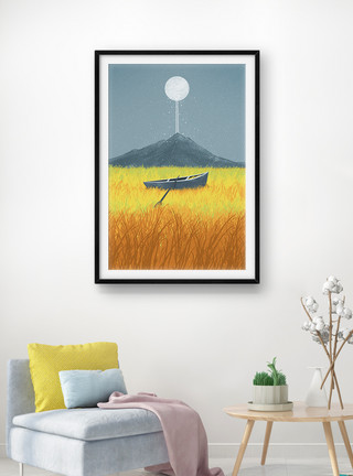 船中月亮白日梦系列幻想风景装饰画模板