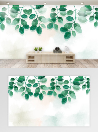 无缝贴图北欧树叶植物简约轻奢无缝电视背景墙壁纸画模板