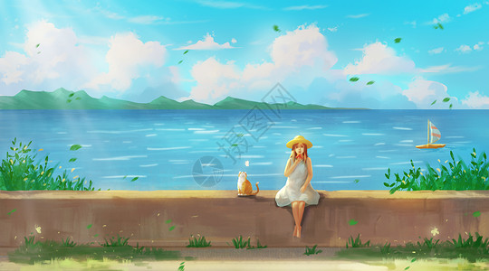夏日海边少女夏日海边的少女与猫插画