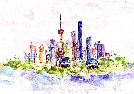 东方明珠水彩画艺术都市插画