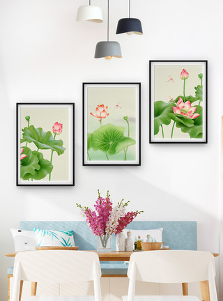 手绘画桃子绿叶中国风手绘荷花装饰画三联框模板