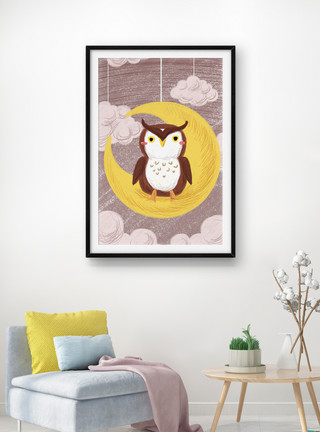 白夜猫头鹰可爱卡通动物装饰画模板